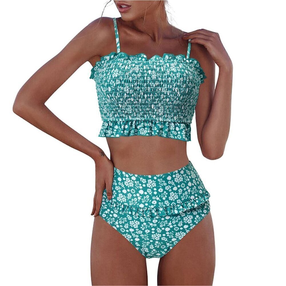 RXRXCOCO Shirred Bandeau Bikini 2 Piece Swimsuit Off Shoulder High Waist Large